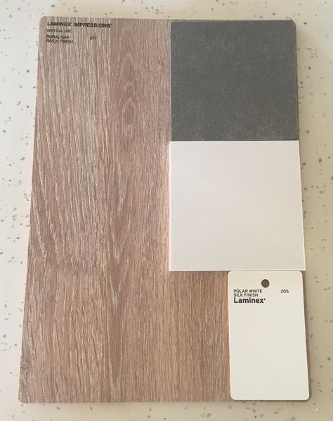 Colour Selection - Laminex Rural Oak Riven Finish, Laminex Polar White Silk, essastone Concrete Pezzato (island) & essastone Saint Moritz Laminex Rural Oak Kitchen, Laminex Rural Oak, Tile Color Palette, Saint Moritz, Townhouse Interior, House Colours, Kitchen Mood Board, Kitchen Colour Schemes, Oak Kitchen