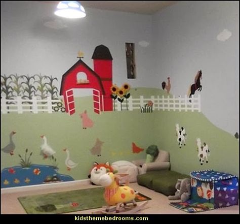 farm theme playroom-farm theme wall stencils Barnyard Bedroom, Farm Mural, Farm Bedroom, Farm Room, Nursery Makeover, Farm Animals Decor, Nursery Wall Murals, Nursery Mural, Farm Nursery