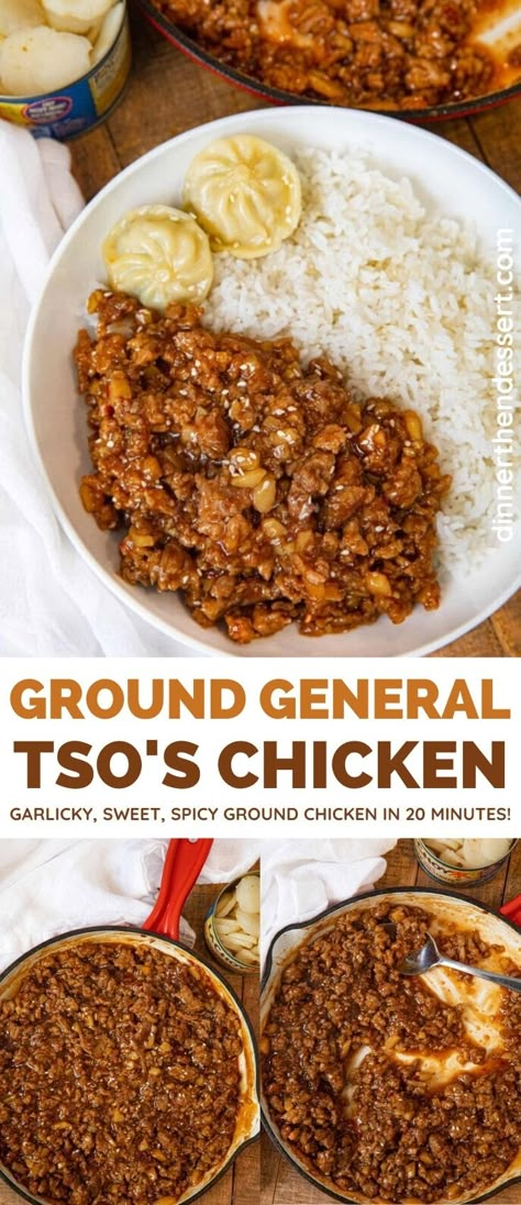 Ground General Tso's Chicken is a healthy twist on the popular Asian takeout classic, ready in 20 minutes! #dinner #chinesefood #groundchicken #generaltsoschicken #asianfood #dinnerthendessert General Tso Ground Turkey, Ground General Tso Chicken, General Toas Chicken, Ground Chicken Lo Mein, Ground Chicken Broccoli Recipes, Ground Chicken And Broccoli Recipes, Ground Chicken Casserole Recipes, Ground Chicken Broccoli, Ground Chicken Recipes For Dinner