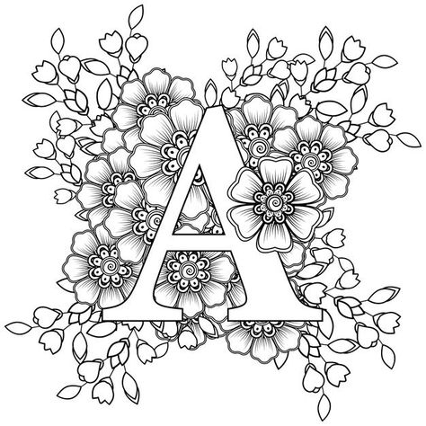 Letter A Design Flower, Letter A With Flowers, Lettering With Flowers, Flower Motif Design, Vintage Floral Illustration, Letter A Coloring Pages, Mehndi Flower, Doodle Art Letters, Coloring Letters