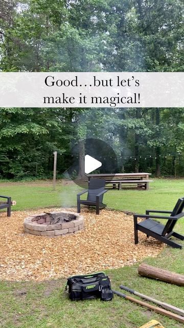 Lia Watson~Southern Yankee DIY on Instagram: "Is there anything more magical than backyard string lights? 

This was one of my favorite outdoor projects from last year 😍

Adam definitely gave me the “are you sure” look when I said I wanted to use tree trunks as posts but he ended up understanding why at the end. 

They add a little whimsy to this hangout spot don’t you think? 

✨FOLLOW @southernyankeediy for more budget friendly outdoor projects✨ 

& you can find my absolute favorite solar powered string lights in the link in my bio under “My Favorite Things”" Tree Trunk Fire Pit, Country Backyard Ideas Farmhouse Style, Backyard Woods Landscaping, Tree Trunk Ideas Outdoor, Backyard Wooded Landscaping, Hone Decor, Country Backyards, Backyard String Lights, Backyard Plans