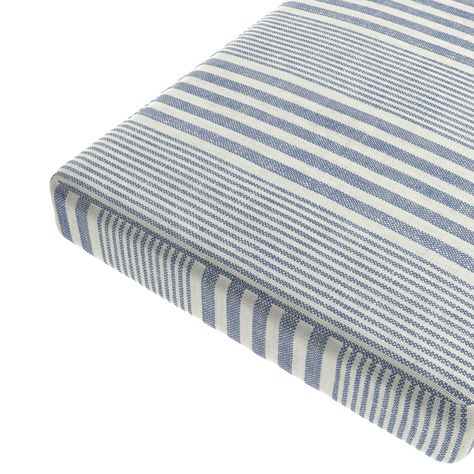 Custom Bench Cushion | All Lined Up - Lake Blue Stripe Custom Bench Cushion Custom Bench cushions, tailored to fit your space perfectly down to the inch! Featuring box corners and the option to add micro-cording, these custom cushions can be made out of any Loom fabric to suit your style. Crafted for benches, seats, nooks, and more, you also have the option to choose your preferred thickness from 2", 3", or 4". Made with a high-quality firm foam insert (when selected) for durability that is made Beachy Furniture, Dining Bench Cushion, Indoor Bench Cushions, Banquette Cushions, Custom Bench Cushion, Custom Bench, Beach Kitchens, Backyard Seating, Bench Seat Cushion