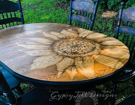 Sunflower Stained Table, Wood Stain Art, Coffee Table Upcycle, Stain Art, Wood Staining, Chalk Paint Makeover, Table For 12, Old Washing Machine, Furniture Transfers