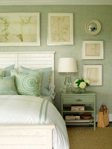 Green. Green And White Bedroom, Green Bedroom Design, Green House Design, Sage Green Bedroom, House Of Turquoise, White Bed, Dekorasi Kamar Tidur, Green Bedroom, Green Walls