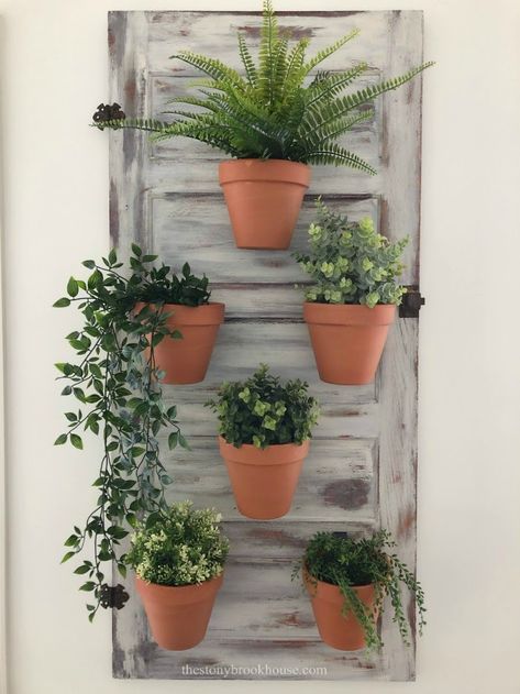 Antique Door Wall Planter Old Door Planter Ideas, Antique Door Wall Decor, House Ideas Country, Door Planter Ideas, Green House Ideas, House Front Garden, Front Garden Design Ideas, Distressed Doors, Small Porch Ideas