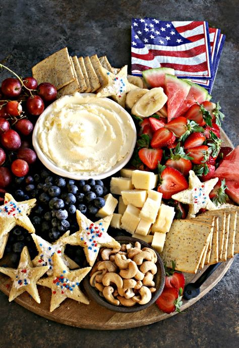 Red-White-and-Blue-Charcuterie-Board-1 Fourth Of July Snacks, Red White And Blue Charcuterie, Blue Charcuterie Board, Blue Themed Party, Breakfast Catering, Star Shaped Cookies, Food Boards, Patriotic Food, Bake Goods