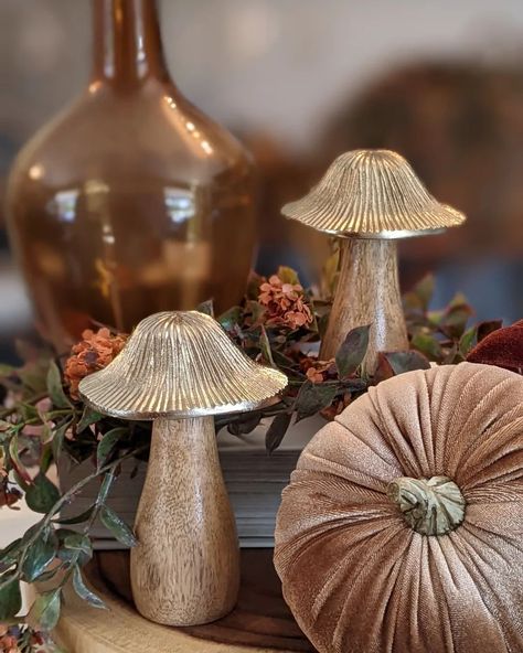 What's the verdict? Mushrooms are still a trend from spring and can make a unique woodland style to your Fall tablescapes and decor. Do you decorate with mushrooms? I have to say these wood and gold mushrooms are so pretty! #mushrooms #falldecor #decorator #woodlandwedding #naturalhome #naturaldecor #gingersweetgatherings Mushroom Fall Decor, November Decorations, Pretty Mushrooms, Fall Topiary, Wood And Gold, Fall Tablescapes, Fall Craft, Mushroom Decor, Woodland Wedding