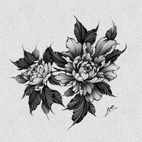 Blackwork Peony Tattoo, Black Work Flower Tattoo, Blackwork Flower Tattoo, Small Cover Up Tattoo, Foliage Tattoo, Neck Tats, Tattoo Mafia, Black Flowers Tattoo, Hamsa Tattoo Design