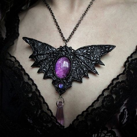 Clay Bat, Pastel Goth Style, Creepy Jewelry, Goth Pendant, Witchy Necklace, Purple Goth, Goth Victorian, Bat Pendant, Hex Girls