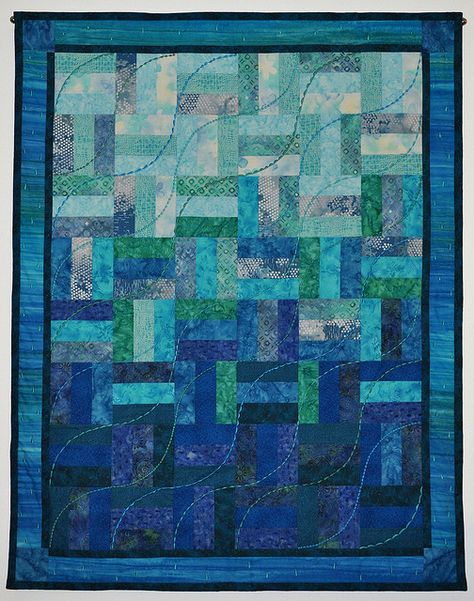 Quilt by bbgailes, via Flickr   -   An easy rail fence pattern - but the colors really make this a beautiful quilt!! Jelly Roll Quilting, Strip Quilting, Colchas Quilting, Rail Fence Quilt, Ocean Quilt, Beach Quilt, Sea Quilt, Jelly Roll Quilt Patterns, Scandinavian Pattern