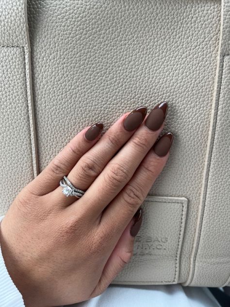 Mat Nails With Glossy Tips, Matt And Gloss Nails, Brown Matte Nails Design, Brown Matte Nails, Matte Brown Nails, Matted Nails, Matte Nails Design, Diamond Nails, Brown Nails