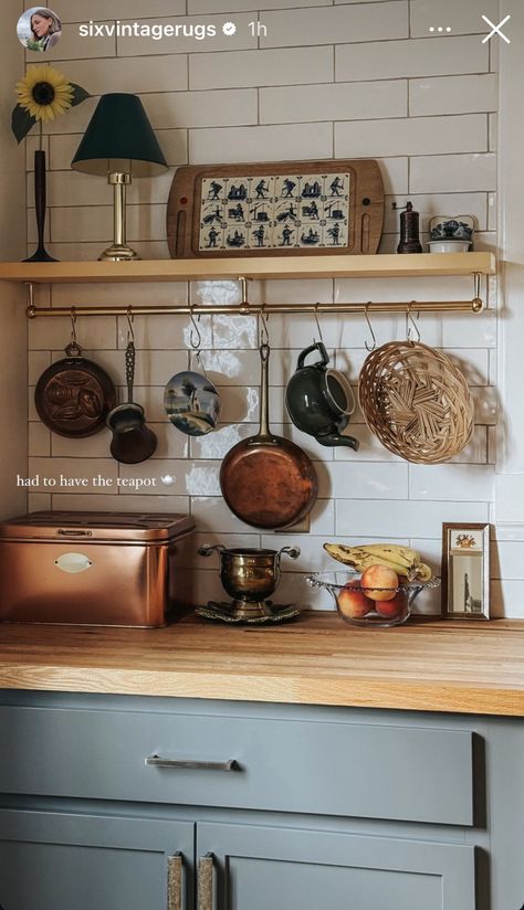 Hanging Pots On Wall In Kitchen, Pot Hanging Ideas Kitchen, Hanging Pans In Kitchen, Hanging Pots And Pans, Wood Shelves Kitchen, Spooky Kitchen, Hanging Pans, Pot Rack Hanging, Kitchen Redesign