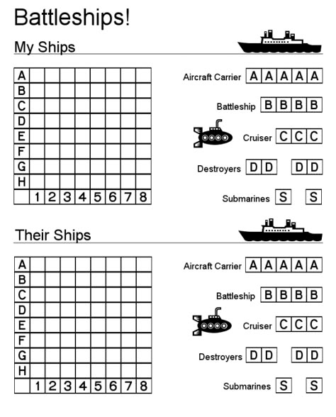 Paper/Pencil Battleship - perfect for road trips! Barrier Games, Battleship Game, Road Trip Games, Paper Games, School Games, Road Trip Fun, Math Worksheet, Math Games, Math Worksheets