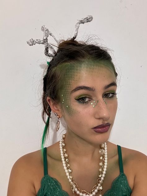 Medusa makeup halloween costume inspo unique inspiration creative original medusa snake lizard Shrek Inspired Makeup, Snake Makeup Halloween, Snake Inspired Outfits, Snake Costume Womens, Snake Halloween Makeup, Medusa Makeup Halloween, Serpent Costume, Lizard Makeup, Snake Halloween Costume