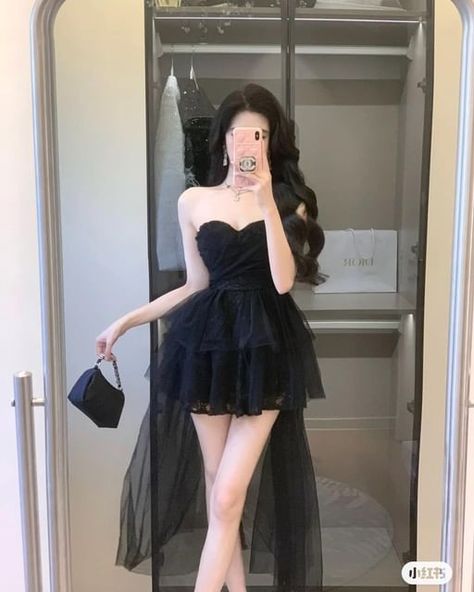 Dresses Korean Style Party, Party Korean Outfit, Fancy Korean Dresses, Mini Dress Korean Style Party, Baju Party, Black Dress For Party, Short Black Dress Outfit, Dresses Korean Style, Glitter Dress Short