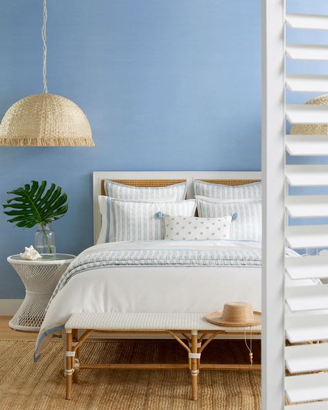 Serena & Lily in blue and white bedroom - seagrass chandelier - elegant bedroom - bedroom decor - bedroom design Parisian Bistro Chairs, Beach Pillow Covers, Coastal Table, French Bistro Chairs, Cane Bed, Goose Down Pillows, Serena And Lily, Linen Quilt, Bistro Chairs