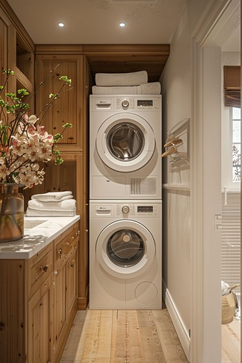 Small Laundry Room Ideas Stackable Mudroom, Laundry Nook In Bathroom, Small Long Laundry Room Ideas, Utility Room Ideas Small Tiny Spaces, Laundry Room Corner Ideas, Small Utility Laundry Room Ideas, Stackable Washer Dryer Laundry Room Small Closet Diy, Corner Cabinet In Laundry Room, Small Stacked Laundry Room Ideas