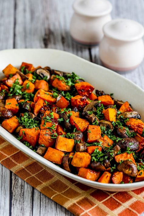 Sweet Potatoes and Mushrooms – Kalyn's Kitchen Potato Mushroom Recipe, Bread In A Can, 7 Siblings, Potatoes And Mushrooms, Molasses Bread, Fresh Vegetable Recipes, Mushroom Recipes Healthy, Sweet Potato Recipe, Sweet Potato Kale