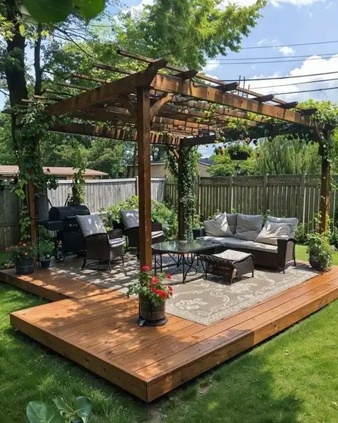 35+ Gorgeous DIY Garden Decking Ideas You'll Love - HubPages Gazebo On Deck, Diy Backyard Patio, Backyard Gazebo, Deck Designs Backyard, Backyard Renovations, Dream Yard, Backyard Remodel, Decks Backyard, Backyard Deck