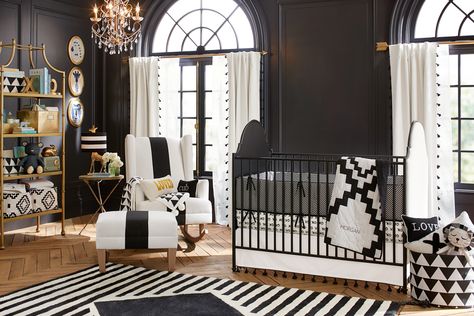 Pottery Barn Kids Nursery, Pottery Barn Nursery, Nursery Decor Black, Black White Nursery, White Nursery Decor, Children's Bedroom Ideas, Gold Nursery, Emily And Meritt, Stylish Nursery