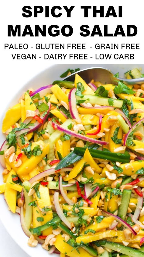 Spicy Thai Mango Salad Salad Asian Recipes, Refreshing Salads Summer, Healthy Thai Food Recipes, Best Asian Salad Recipe, Thai Salad Recipes Healthy, Thai Food Side Dishes, Thai Slaw Recipe, Fresh Asian Recipes, Thai Avocado Salad