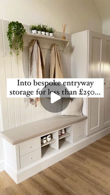 Annabel ✨ on Instagram: "Transforming two basic IKEA units into bespoke entryway storage for less than £250! 🤩

#transformationtuesday #houserenovation #selfbuilding #buildingthedream #myrenostory #newhome #hallway #cornforthwhite #renovation #barnconversion #selfbuild #homerenovation #ikeahack #pegshelf #entrancehall #benchseat #selfbuilduk #selfbuildinspo #selfbuildhome #dreamhomeinthemaking #dreamhome #bootroom #entryway #homeaccount #hometransformation #diy #diyproject" Landing Ideas Upstairs Storage, Landing Ideas Upstairs, Ikea Hall, Cubbies Mudroom, Ikea Entryway, Landing Ideas, Entrance Hall Decor, Hallway Unit, Ikea Units