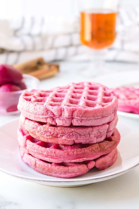 Pink Waffles are a fun recipe to serve for Valentine’s Day, Easter, Mother's Day, or a girl’s birthday. Beets add a beautiful color plus nutrition to this classic breakfast dish. This waffle recipe can be made both gluten-free and dairy-free. Pink Waffles, Gluten Free Valentines, Yummy Waffles, Valentines Breakfast, Healthy Waffles, Vegan Waffles, Waffle Maker Recipes, Strawberry Waffles, Gluten Free Waffles