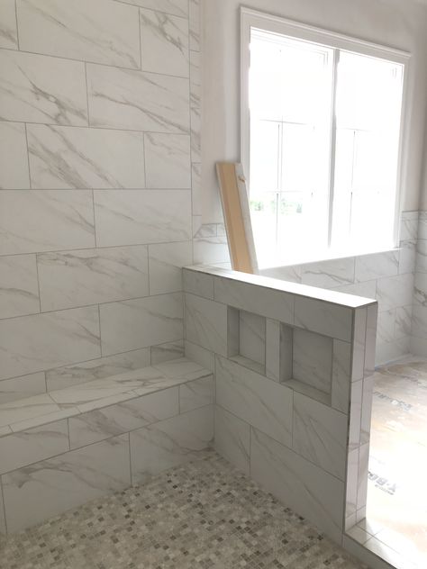 Shower Knee Wall With Niche, Master Shower With Knee Wall, Shower Bench With Niche, Niche Above Shower Bench, Deep Shower Niche, Shower Niche Ideas Built Ins Half Walls, Shower Niche In Pony Wall, Shower Benches Built In, Walk In Shower With Half Wall And Bench