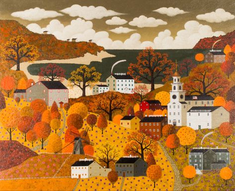 Hannah Robinson, Village Buildings, Whimsical Fall, Fall Scenes, Charles Wysocki, Americana Art, Autumn Morning, American Folk Art, Puzzle Art