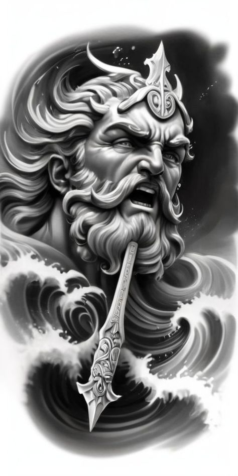 Poseidon Tattoo Design, Zeus Tattoo Design, Greek Drawing, Poseidon Statue, Tattoo Artist Tips, Greek Mythology Goddesses, Arm Tattoos Drawing, Wave Tattoo Design, Poseidon Tattoo