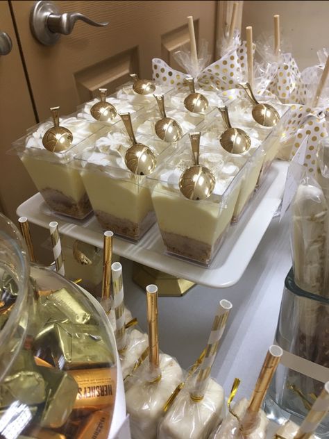 Prom Desert Table Ideas, White And Gold Party Favors, Gold And White Treats, White Gold Quinceanera Theme, White And Gold Quinceanera Decorations, White And Gold Desserts, White Gold Party Theme, Gold And White Graduation Party Ideas, Gold And White Quinceanera Theme