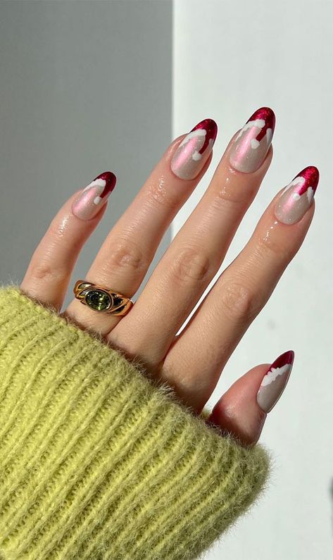 red nails, red christmas nails, festive nails, red almond nails, snowflake red nails, christmas nail design Festive Nails Christmas, Santa Hat Nails, Festive Nail Designs, New Years Nail Designs, Christmas Gel, Red Christmas Nails, French Tip Nail Designs, Festive Nail Art, Winter Nails Acrylic