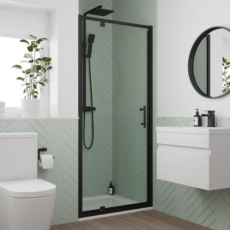 Pivot Shower Door, Bathroom Shower Panels, Compact Bathroom, Bathroom Suites, Bathroom Taps, Sliding Shower Door, Black Shower, Radiator Cover, Bathroom Collections