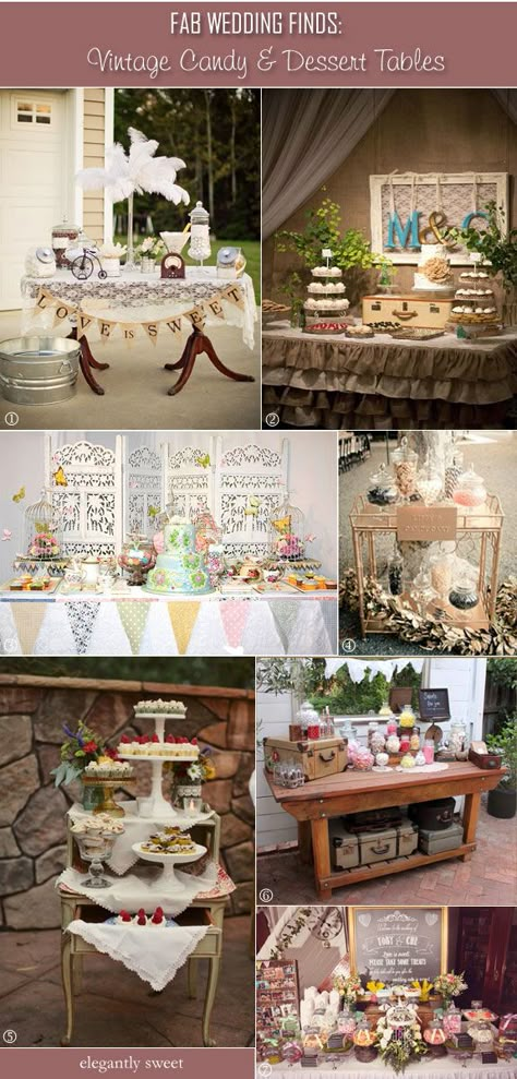 Vintage candy tables using lace, doilies, ruffles  #vintagedesserttable #vintagecandybuffet Vintage Candy Bar Ideas, Vintage Dessert Tables, Vintage Table Decorations, Candy Tables, Candy Bar Wedding, Fun Wedding Ideas, Garden Wedding Reception, Vintage Bridal Shower, Vintage Dessert