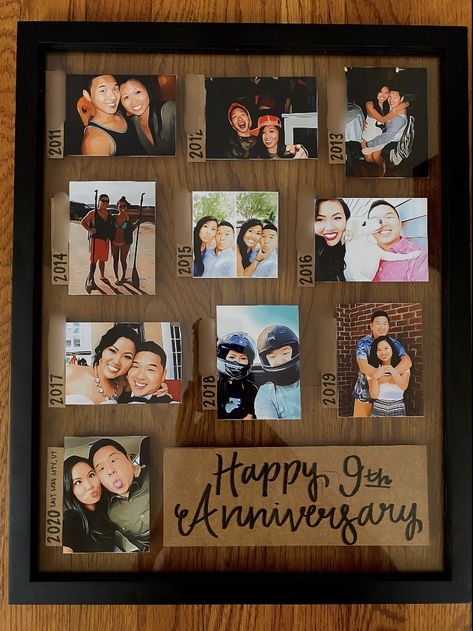 Anniversary gift ideas, collage, cartoonized photos, nine year anniversary  - picture frame from walmart  - app (cartoon face) to turn photos into cartoon-like - used collage app (pic collage) to make two photos fit into a 4 x 6 then printed them  - cardstock from hobby lobby  - 3 micron pens (brush, 1, and 2) 2x3 Photo Ideas, Picture Anniversary Gifts, Anniversary Gifts With Pictures, Diy Anniversary Picture Gifts, Anniversary Picture Collage Ideas, Anniversary Gift Ideas For Him Pictures, Easy 1 Year Anniversary Gifts For Him, Anniversary Picture Board, Couples Framed Pictures