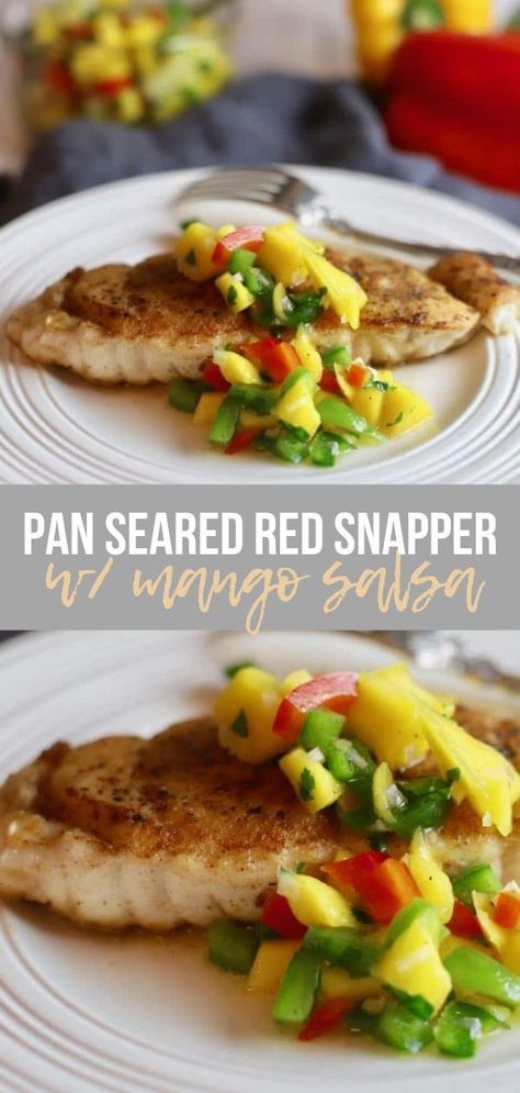 Looking for a restaurant-level seafood dish? This pan-seared red snapper with mango salsa is an impressive, delicious main dish you can have on the table in 20 minutes or less. This easy red snapper recipe is perfect for a quick weeknight dinner and makes a show-stopping dinner party entrée. Pan Seared Red Snapper, Snapper Fillet Recipes, Red Snapper Recipe, Recipe With Mango, Dinner Party Entrees, Red Snapper Recipes, Snapper Recipes, Snapper Fish Recipes, Snapper Fish