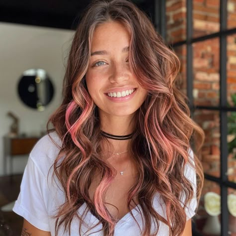 Colourful Hair Highlights, Brown Pinkish Hair, Rose Gold Hair Streaks, Pink Hair At The Ends, Brown Hair With Rose Highlights, Dirty Blonde Pink Highlights, Brown Hair With Rose Gold Highlights, Brown Hair With Rose Gold, Pink Hair On Brown Hair