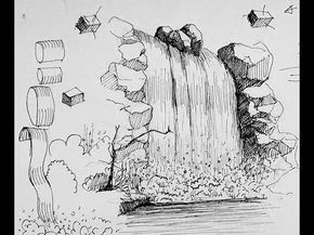 Draw A Waterfall, Waterfall Sketch, Waterfall Drawing, Landscape Drawing Tutorial, Drawings With Meaning, Crown Tattoo Design, Mountain Drawing, Water Drawing, Sketching Techniques