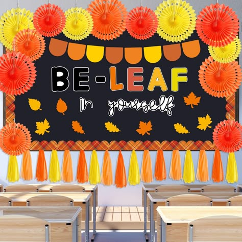 Fall Gratitude Bulletin Board, Work Thanksgiving Decorations, Beleaf In Yourself Bulletin Board, Fall Thanksgiving Bulletin Board Ideas, Simple Fall Bulletin Board Ideas, Thanksgiving Hallway Decorations, Thanksgiving Ceiling Decorations, November Classroom Bulletin Boards, Thanksgiving Hallway Decorations School