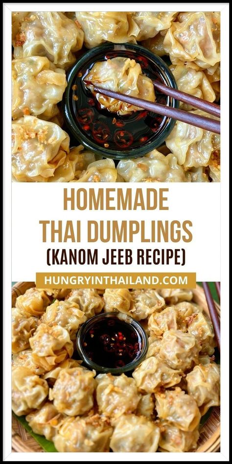 Get the most delicious homemade Thai steamed dumplings with this kanom jeeb recipe! Packed with a flavorful pork filling, these dumplings are easy to make, healthy, and perfect for snacking or serving as an appetizer. Follow the simple rolling instructions and enjoy them with a tasty dipping sauce for any occasion. Rolled Dumplings Recipe, Thai Dumplings, Homemade Dipping Sauce, Thai Appetizer, Thai Recipes Authentic, Easy Dumplings, Dumpling Filling, Wonton Recipes, Pork Dumpling