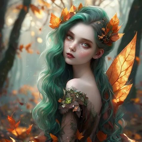 Autumn Fairy with green hair and fall leaves in the forest Sprite Fairy, Leaf Wings, Fall Fairy, Autumn Fairy, Green Fairy, Fairy Art, Green Hair, Neon Green, Green And Purple