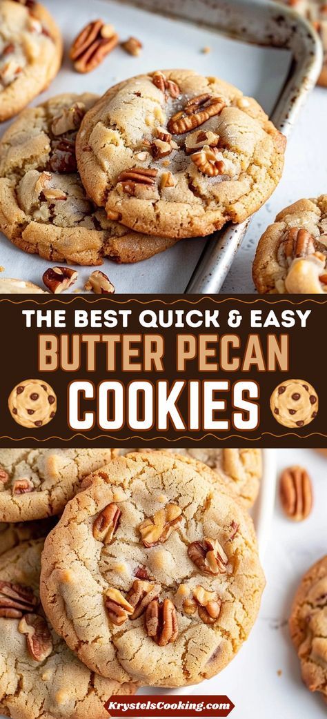 Easy Southern Butter Pecan Cookies: Indulge in the chewy goodness of these easy butter pecan cookies. Perfect for fall, these cookies combine the rich flavors of brown sugar and pecans in every bite. Try this southern classic today! Nutty Pecan Delight Cookies, Quick And Easy Fall Cookies, Christmas Cookie Butter Cookies, Cookie Jar Cookies Recipes, Best Pecan Cookie Recipes, Cookie Recipes Pecan, Buttered Pecan Cookies, Buttery Pecan Cookies, Pumpkin Pecan Cookie Recipes