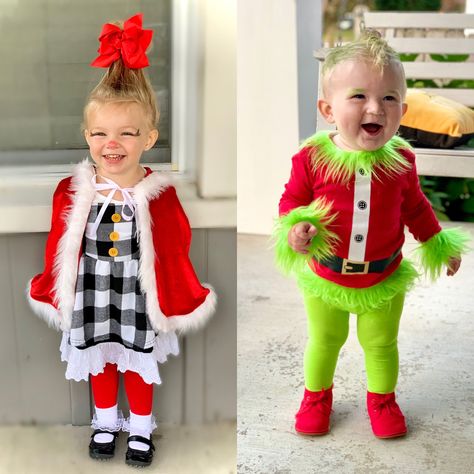 Christmas Halloween Costumes Family, Grinch Theme Halloween Costumes, Grinch Day Outfit Kids, Grinch Cindy Lou Who Max Costume, The Grinch Dress Up Ideas, Grinch Christmas Family Photo, Toddler Cindy Lou Who Costume, Cindy Lou Who Toddler Costume, Grinch Party Outfits