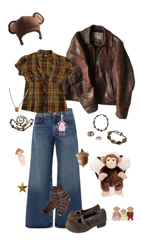 monkey inspired outfit! Game Day Overalls Outfit, Fall Outfit Accessories, Teddy Bear Inspired Outfit, Bobby Jack Outfit, 90s Fall Outfits Aesthetic, Cold Fall Outfits School, Comfycore Outfits, Artsy Fall Outfits, Orange Brown Outfit