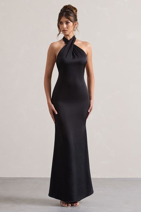 Exude confidence at your next event in this show-stopping maxi, Unbeatable. Arriving in a staple black shade of a premium satin, this backless piece features a cross over halter-neck thats finished with wide self-tie straps for the perfect custom fit. For an elegant bridesmaid attire, try styling yours with our Just A Fling court shoes. Features - Premium satin- Cross over halter neckline- Open back- Invisible zip closure - Fishtail skirt- Maxi length Sizing & Fit Model is 5'7 and wears UK size 8 / US size 4Product Information Designed exclusively by Club L London Partially lined with no stretch Premium satin in Black (100% Polyester) 155cm total length SKU: CL129991002 Formal Long Black Dress, Elegant Bridesmaid Dresses Black, Black Floor Length Gown, Black Bridesmaid Dresses Elegant, Satin Dresses Black, Bridesmaid Black Dresses, Long Black Satin Dress, Black Tie Wedding Dress, Black Tie Wedding Guest Attire