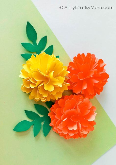 Marigold Art Project, How To Make Paper Marigolds, Diy Paper Marigolds, Marigold Craft, Paper Marigolds Diy, Fun Crafts For Toddlers, Marigold Paper Flower Template, Paper Marigolds, Dia De Los Muertos Crafts Ideas