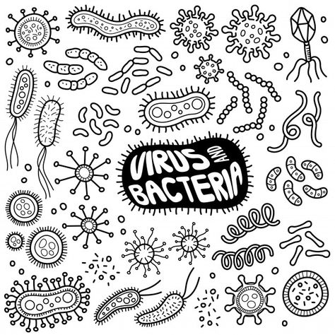 Viruses and bacteria black and white doo... | Premium Vector #Freepik #vector #cartoon #doodle #research #test Microbes Doodle, Microbiology Doodles, Viruses Drawing, Virus Drawing, White Doodle, Creative School Project Ideas, Biology Art, Cartoon Doodle, Theme Background