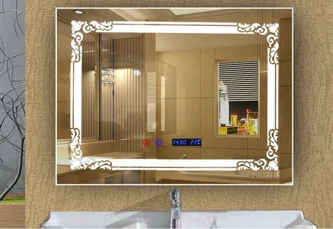 42USD,rectangular bathroom led mirror with clock, date disappear Led Glass Mirror, Led Mirror Design Bathroom, Led Mirror Design, Bedroom Wall Aesthetic, Led Light Mirror, Small Bathroom Mirrors, Backlit Bathroom Mirror, Window Glass Design, Bathroom Mirror Design