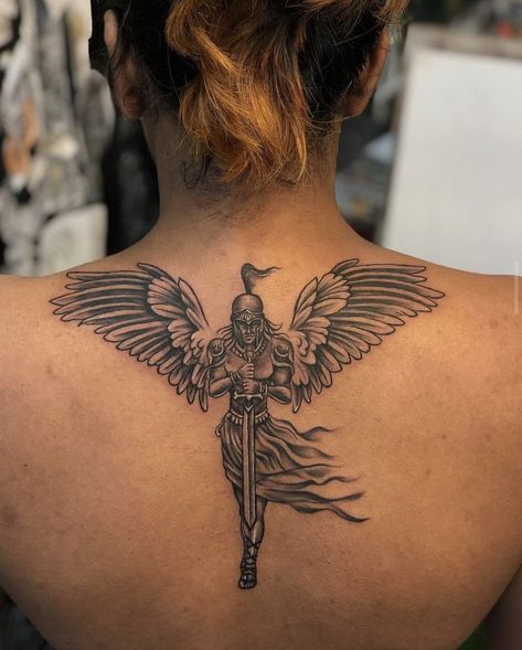 Back Tattoos For Guys Upper, Angel Warrior Tattoo, Minimal Tattoo Designs, Minimal Tattoo Ideas, Full Hand Tattoo, Inca Tattoo, Spartan Tattoo, African Tattoo, Knife Tattoo