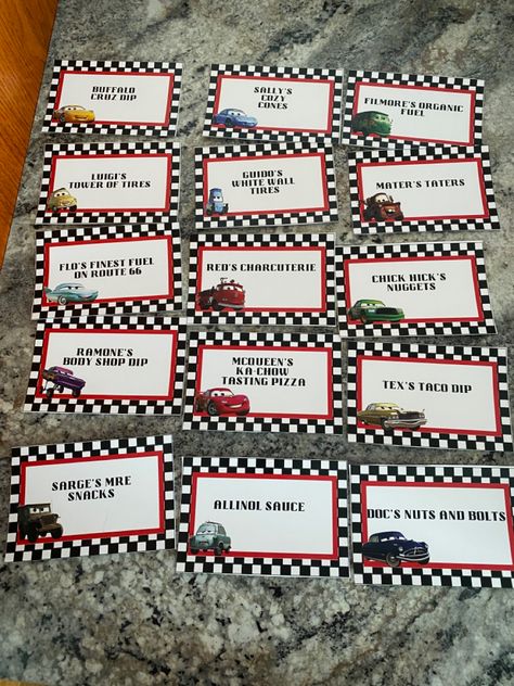 Cars Themed Birthday Party Food, Disney Cars Party Food, Cars Movie Birthday Party Games, Disney Cars Birthday Food Ideas, Disney Cars 1st Birthday Party Ideas, Cars Birthday Food, Pixar Cars Birthday Party Food, Cars Themed Food, 2 Fast 2 Furious Birthday Party Games